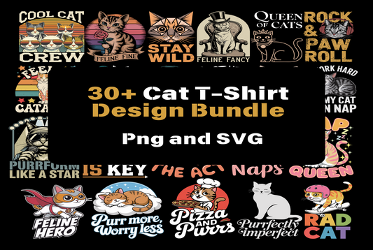 30+ Cat T-Shirt Designs Bundle (PNG, SVG)