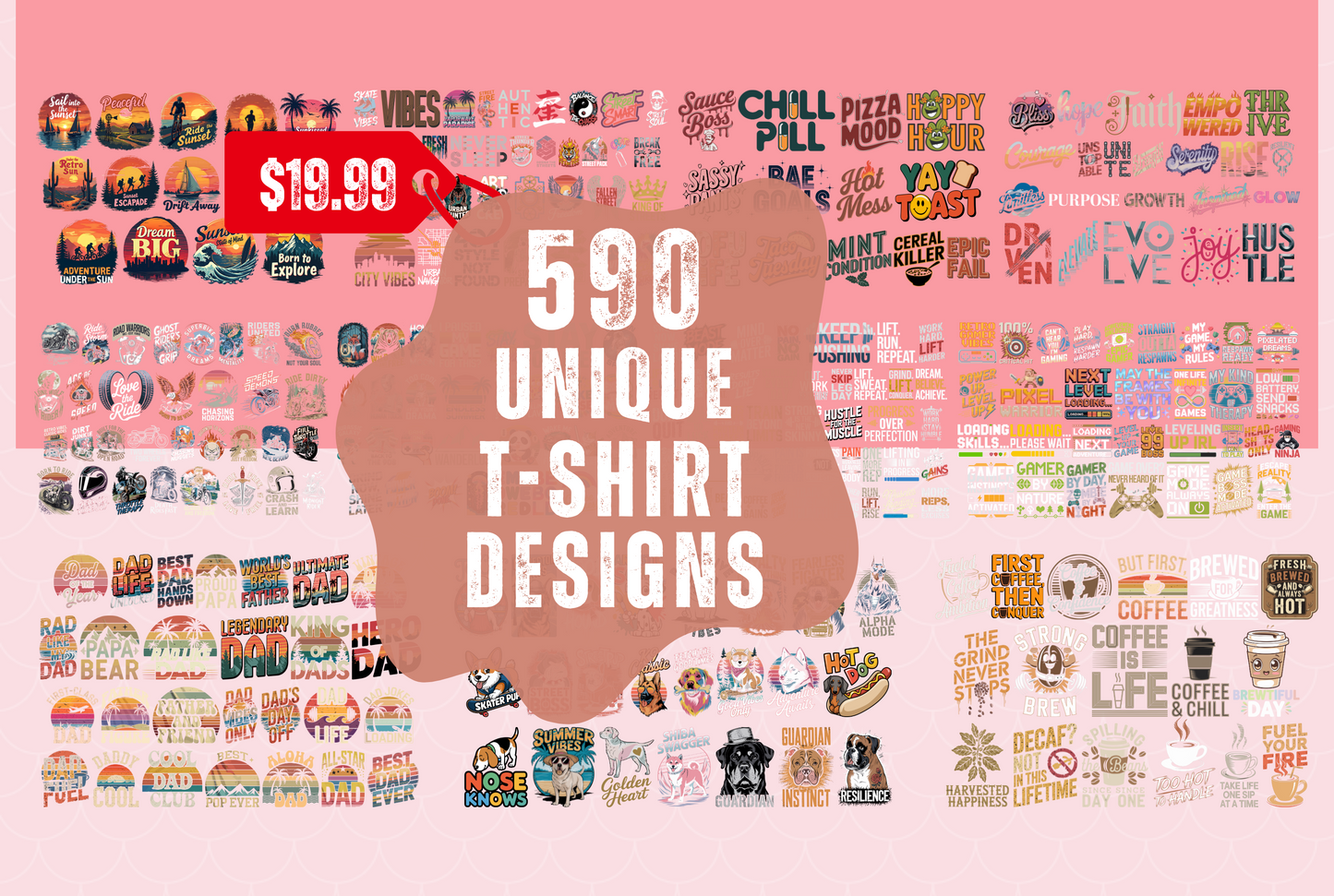 Mega Bundle of 590 Unique T-Shirt Designs (PNG)